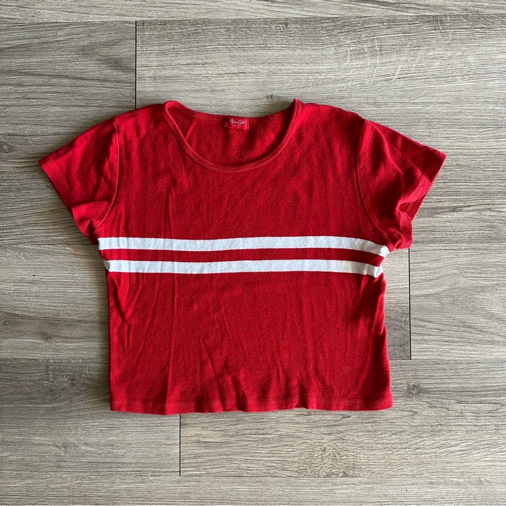 Brandy Melville Red Cropped T-Shirt with White Stripes